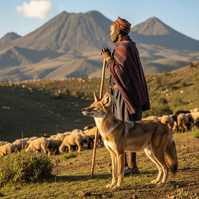 Image of a Simien Jackal interacting with humans in a cultural or practical context
