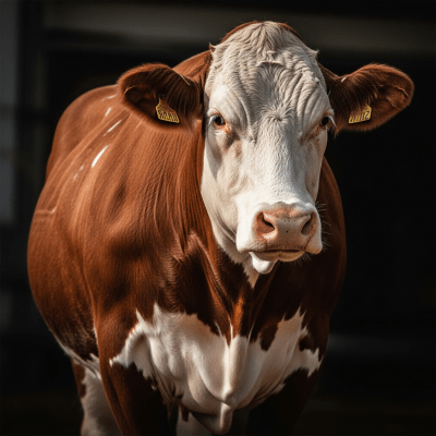Editorial-style portrait of a Simmental (Fleckvieh) from the taxonomy cows, with dramatic lighting and shallow depth of field to highlight unique features or markings.