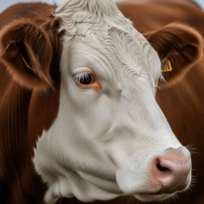 Close-up photograph of the head and face of a Simmental (Fleckvieh), focusing on distinctive features such as eyes, ears, and fur texture