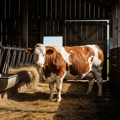Documentary-style image of a Simmental (Fleckvieh) in a barn or shelter environment, showing typical housing conditions for cows