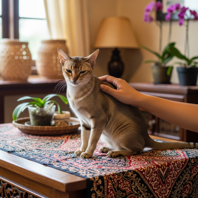 Image of a Singapura interacting with humans or participating in cultural activities