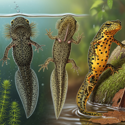 Image of a Smooth Newt (amphibians) at the moment of transformation, such as metamorphosis from tadpole to adult