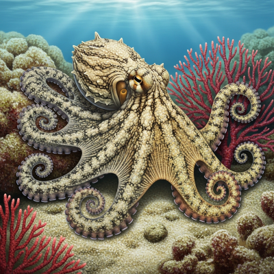 Illustration of a Smooth Skin Octopus displaying camouflage behavior within its environment, blending into rocks, sand, or coral