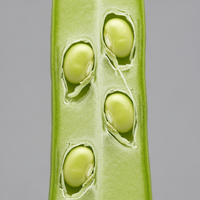 A cross-sectional view of a single Snap Bean (beans), sliced cleanly to reveal its internal structure and composition
