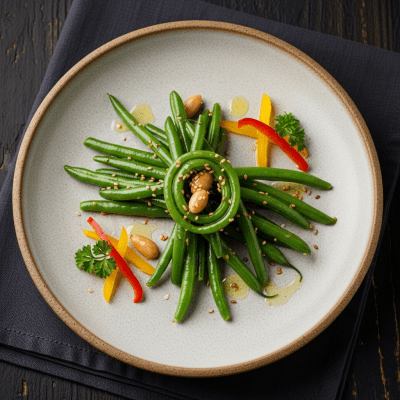Image of cooked Snap Bean (beans) presented as part of a traditional dish or cuisine, plated attractively and photographed from above