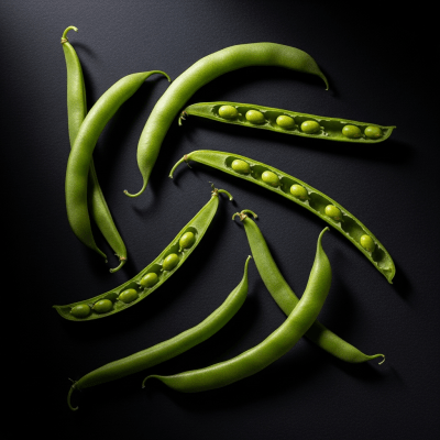 Editorial-style photograph of Snap Bean, part of the taxonomy beans, arranged aesthetically on a dark background with dramatic lighting to highlight its shape and color.