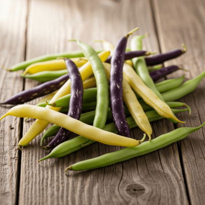 A handful of uncooked Snap Bean beans (beans) scattered on a rustic wooden surface, photographed in natural light to emphasize their variety and color