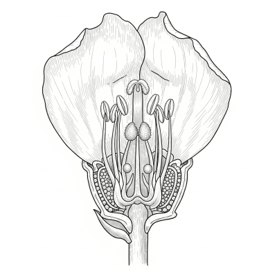 Cross-sectional illustration of a Snapdragon (flowers), showing internal parts such as stem, petals, and reproductive organs