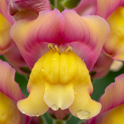 Detailed macro image of a Snapdragon (flowers), focusing on the intricate structure of petals, stamens, and pistil