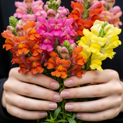 Photograph of a Snapdragon (flowers) being held or interacted with by a person in a gentle way