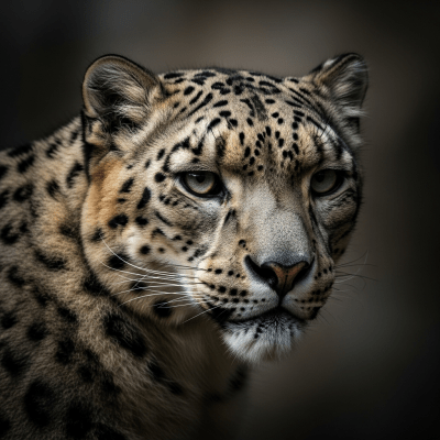 Editorial-style portrait of a Snow Leopard (felines), emphasizing its unique features and personality.