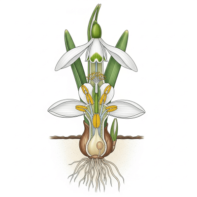 Cross-sectional illustration of a Snowdrop (flowers), showing internal parts such as stem, petals, and reproductive organs