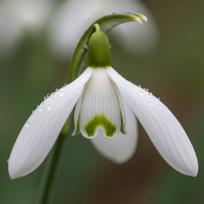 Detailed macro image of a Snowdrop (flowers), focusing on the intricate structure of petals, stamens, and pistil