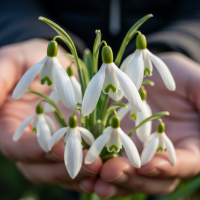 Photograph of a Snowdrop (flowers) being held or interacted with by a person in a gentle way