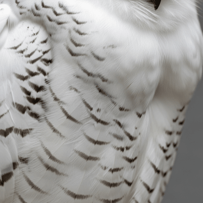 Close-up macro photograph of the feathers or distinctive markings of a Snowy Owl