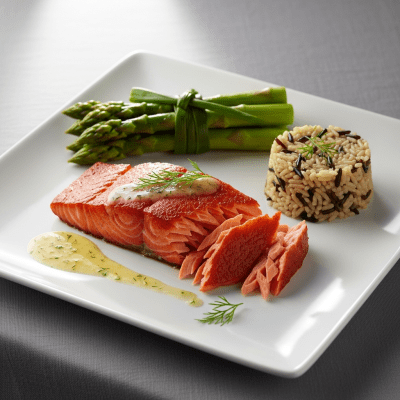 A culinary presentation featuring a prepared dish made with Sockeye Salmon, of the taxonomy fish