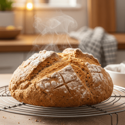 Photograph of freshly baked Soda Bread, cooling on a wire rack