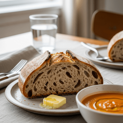 Photograph of Sourdough Bread, shown being served or eaten as part of a meal
