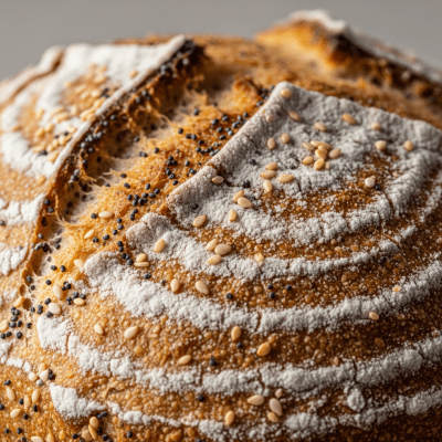 Macro photograph focusing on the crust and surface texture of Sourdough Bread