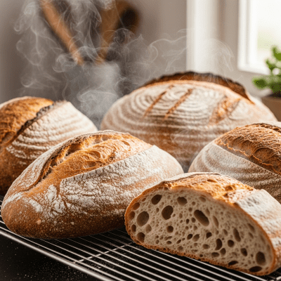 Photograph of freshly baked Sourdough Bread, cooling on a wire rack