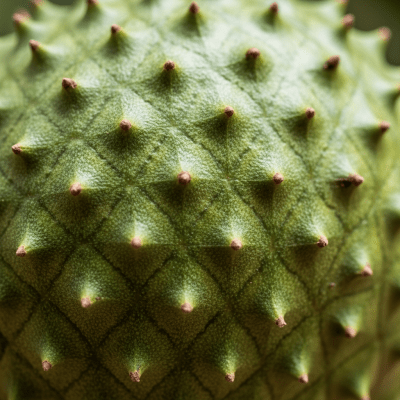 Macro shot capturing the surface texture and color details of the Soursop, within the fruits taxonomy