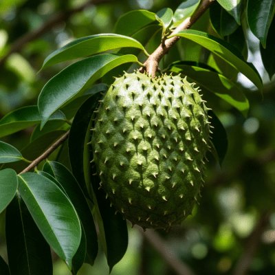 A photograph of a fresh Soursop from the fruits taxonomy as it appears in its natural growing environment, such as on a tree, bush, or vine