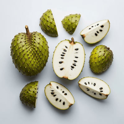 An overhead view photograph of several pieces of the Soursop, from the fruits taxonomy, arranged aesthetically on a plain background