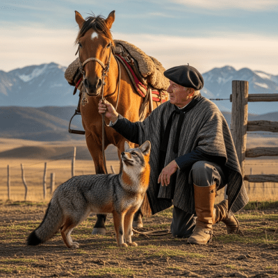 Image of a South American Gray Fox interacting with humans in a cultural or practical context