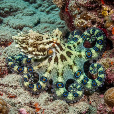 Illustration of a Southern Blue-Ringed Octopus displaying camouflage behavior within its environment, blending into rocks, sand, or coral