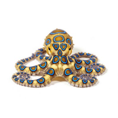 High quality studio photograph of a single Southern Blue-Ringed Octopus