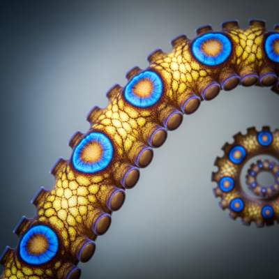 Naturalistic close-up photograph of a single arm of a Southern Blue-Ringed Octopus, focusing on the suckers, skin texture, and coloration details