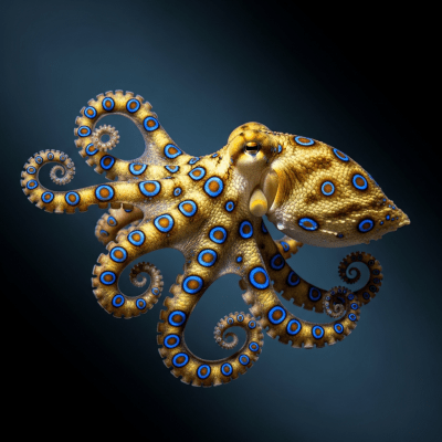 Editorial-style photograph of a Southern Blue-Ringed Octopus from the taxonomy octopuses, positioned dramatically against a dark or gradient background with focused lighting to emphasize texture and color.