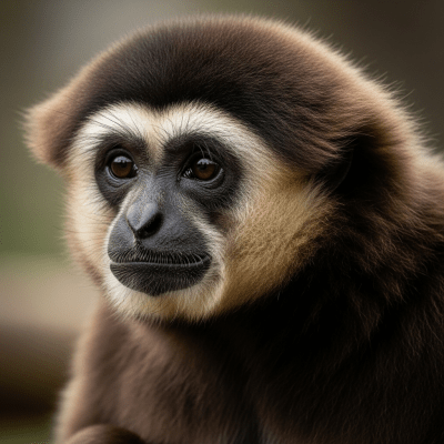 Editorial-style portrait of a Southern white-cheeked gibbon from the taxonomy apes.