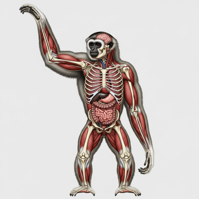 Detailed anatomical illustration of a Southern white-cheeked gibbon, part of the taxonomy apes