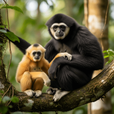 Photograph of a juvenile Southern white-cheeked gibbon (apes) alongside an adult in their environment