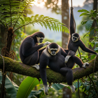 Image showing a group of Southern white-cheeked gibbon (apes) engaging in typical social behavior