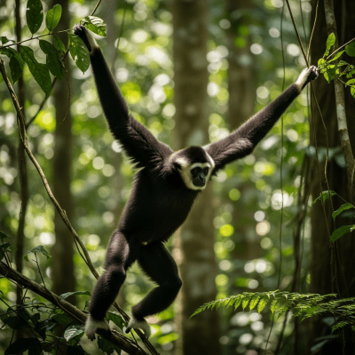 Photograph of a Southern white-cheeked gibbon (apes) in its natural habitat