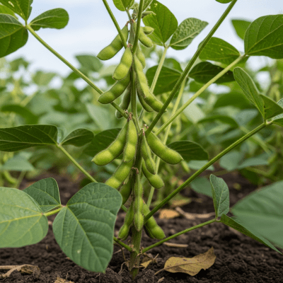 Photograph of the Soybean (legumes) growing naturally on its plant in an outdoor agricultural or garden setting, showing leaves, pods, and surrounding soil or greenery