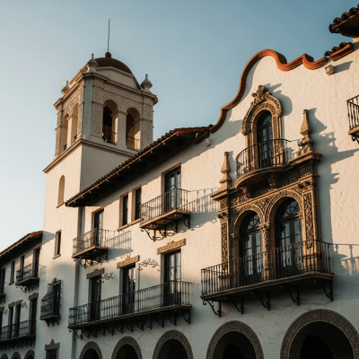 Dramatic, editorial-style image of Spanish Colonial Revival from the architecture taxonomy, captured from a low angle to emphasize grandeur and form.