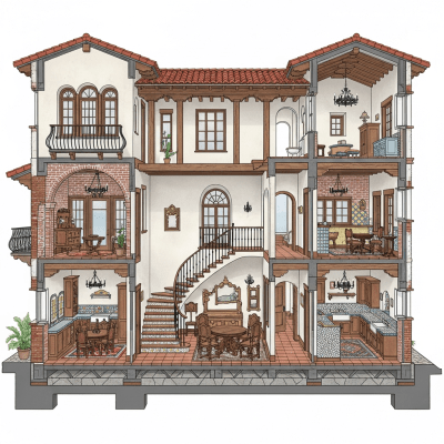 Detailed cross-sectional illustration or cutaway view showing the internal layout and key structural elements of the Spanish Colonial Revival (architecture)