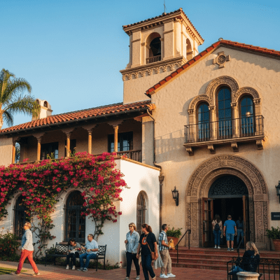 Photograph depicting Spanish Colonial Revival, an example of architecture, in active use or cultural context—such as being inhabited, visited, or used for its intended purpose—while keeping focus on the structure itself