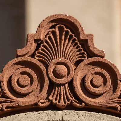 Close-up detail shot of a distinctive feature or ornamentation from the Spanish Colonial Revival (architecture), showing material texture, craftsmanship, or unique design elements