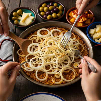 A cultural representation of a Spanish onion (onions) featured in a traditional dish or meal setting