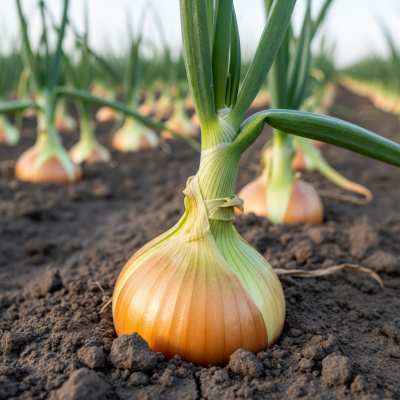 A photograph of a Spanish onion (onions) in its natural environment or growing in soil