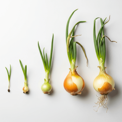 An image showing multiple stages of growth for a single type of Spanish onion (onions), from seedling to mature bulb