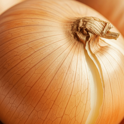 A macro photograph highlighting the surface texture and skin details of a Spanish onion