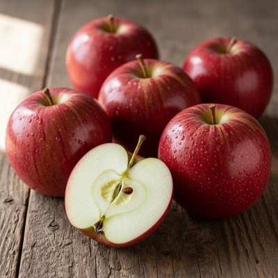 A simple arrangement showing several whole and one cut-open Spartan, displayed on a wooden surface