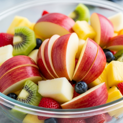 A photograph of a freshly sliced Spartan of the taxonomy apples, presented as part of a fruit salad in a clear bowl