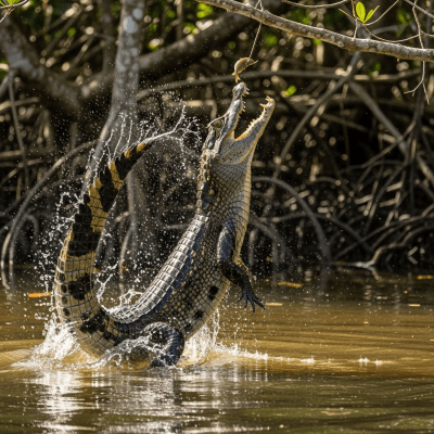 A dynamic action shot of a Spectacled Caiman, part of the taxonomy reptiles, in motion such as climbing, swimming, basking, or hunting in its environment