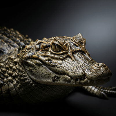 A striking, editorial-style portrait of a Spectacled Caiman (reptiles) in dramatic lighting.